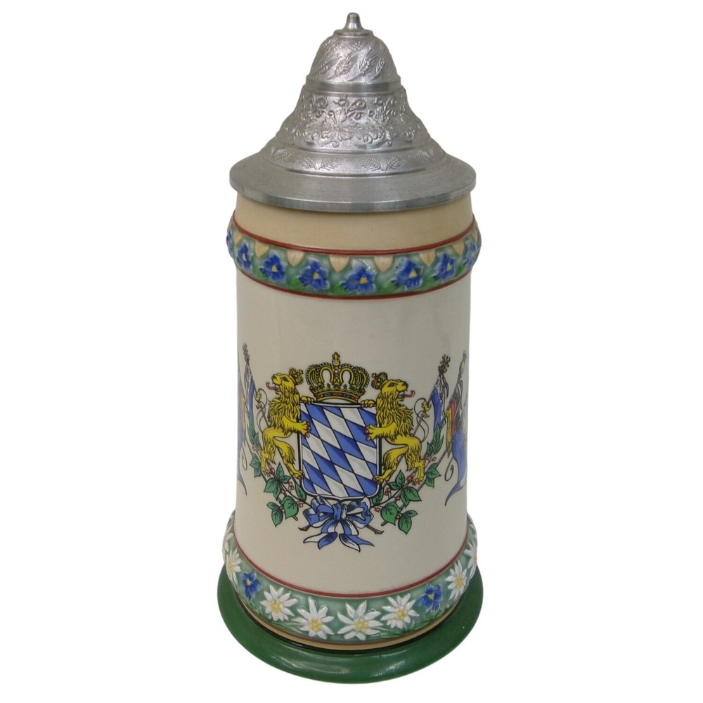Vintage Alwe Bavarian Coat of Arms Embossed Floral Beer Stein Pewter Lid